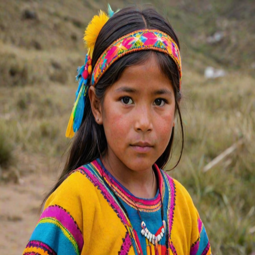 A beautiful Quechua girl, wearing colorful bird clothing with vibrant colors