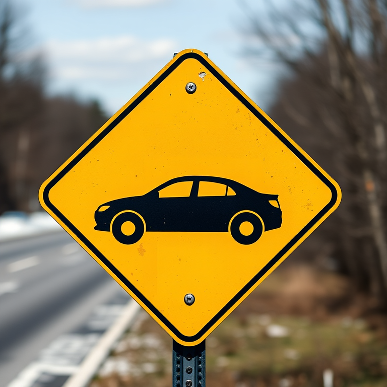 Create an enhanced version of a slippery road caution sign featuring a black silhouette of a car on a bright yellow diamond background, using a DSLR camera with a 50mm lens, aperture set to f/8, ISO 100, 1/250s shutter speed, in a high-resolution image style.