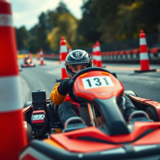 capture a high-speed go-kart racing scene with a young driver in a helmet, focused on maneuvering through traffic cones, with vibrant colors and sharp details, using a DSLR camera with a 50mm lens, aperture f/2.8, shutter speed 1/1000s, ISO 200, in natural daylight from a low angle perspective to emphasize motion and excitement