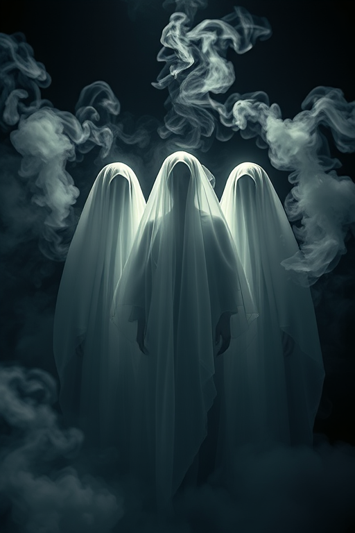 Create an ethereal scene with three ghostly figures draped in translucent white veils surrounded by swirling smoke, shot with a Canon EOS R5, 50mm lens, f/1.8 aperture, ISO 100, 1/100 sec shutter speed, in low light with dramatic shadows and a moody atmosphere.