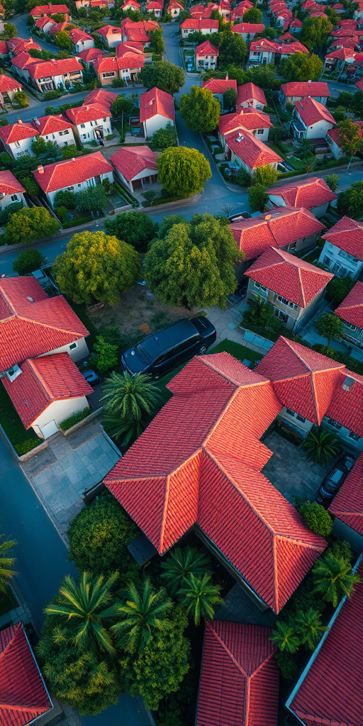 drone view of a suburban neighborhood with red-tiled roofs and surrounding greenery, high-resolution, aperture f/8, ISO 100, shutter speed 1/200, wide-angle lens, evening light for enhanced colors and shadows