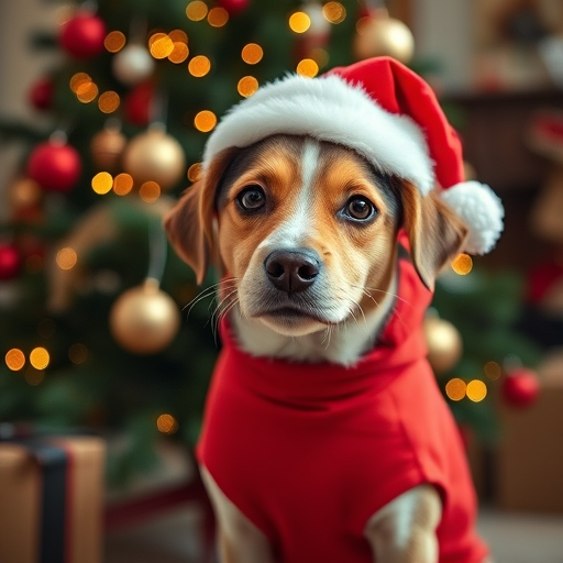 A festive dog wearing a Santa hat and red outfit in front of a Christmas tree, captured with a Canon EOS R5, 50mm lens, f/1.8 aperture, ISO 100, natural light, shallow depth of field to create a soft background.