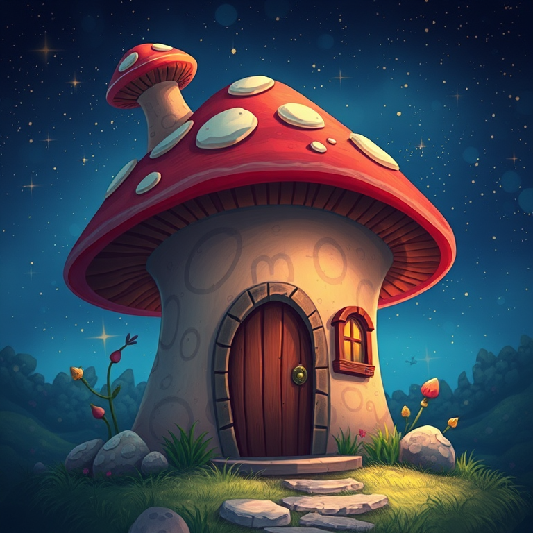 generate illustration of a mushroom house with a door and a window, a storybook , fantasy art, mushroom house, bg starry sky, sparkles