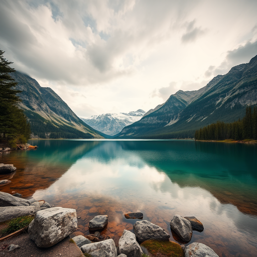 Create an image of a serene landscape featuring a tranquil lake surrounded by mountains, captured with a Canon EOS R5, 24mm f/1.4 lens, ISO 100, aperture f/8, shutter speed 1/125s, in a wide-angle view, daylight setting to enhance image quality.