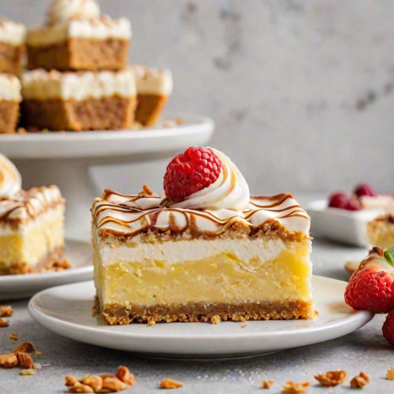 Generate an image of a delicious dessert bar with a creamy yellow and white swirled topping. The dessert has a crumbly base and is cut into squares, showcasing its layers. The background should be a simple plate to highlight the dessert's vibrant colors and textures.