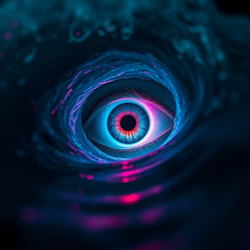 create a surreal cosmic eye emerging from dark waves, ethereal energy swirling around it, vivid neon colors, shot with a Canon EOS R5, 50mm lens, f/1.8, ISO 100, 1/125 sec, low angle view, soft focus background, long exposure style
