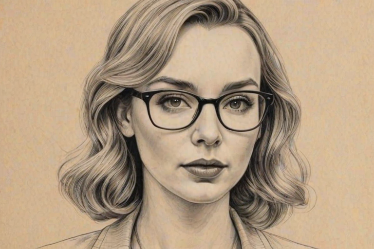 Magnificent Jodie Comer, pencil sketch, portrait of Resplendent woman 1935s in glasses, hair style beatnik, outline, clear lines, fine lines, 8k