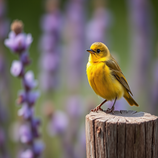 Capture a close-up of a vibrant yellow bird perched on a weathered post, softly blurred purple flowers in the background, using a Canon EOS 5D Mark IV with a 100mm f/2.8 macro lens, aperture set to f/2.8 for a shallow depth of field, ISO 200, natural lighting for enhanced detail and color saturation.