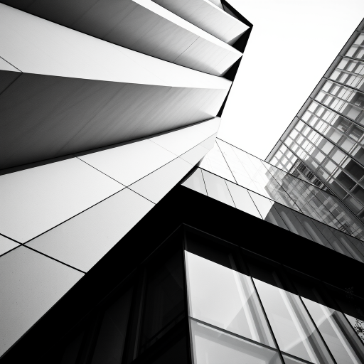 A modern architectural building with a sharp diagonal perspective, showcasing geometric shapes and glass facade, captured with a Canon EOS R5, 24mm lens, f/8 aperture, ISO 100, in black and white mode, under soft natural lighting.