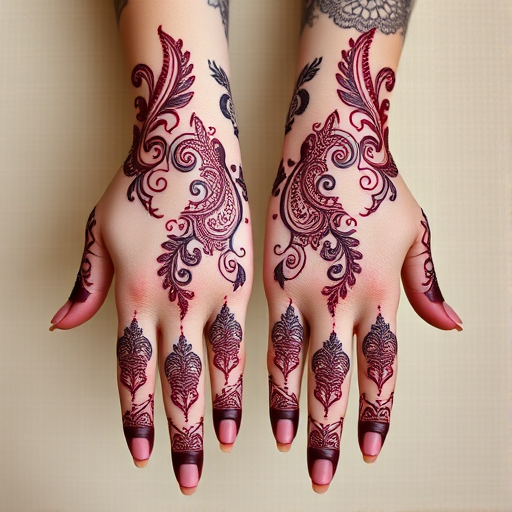 Empowering body tattoo featuring intricate henna-inspired patterns adorning the hands and forearms, rendered in rich burgundy ink with delicate swirls
