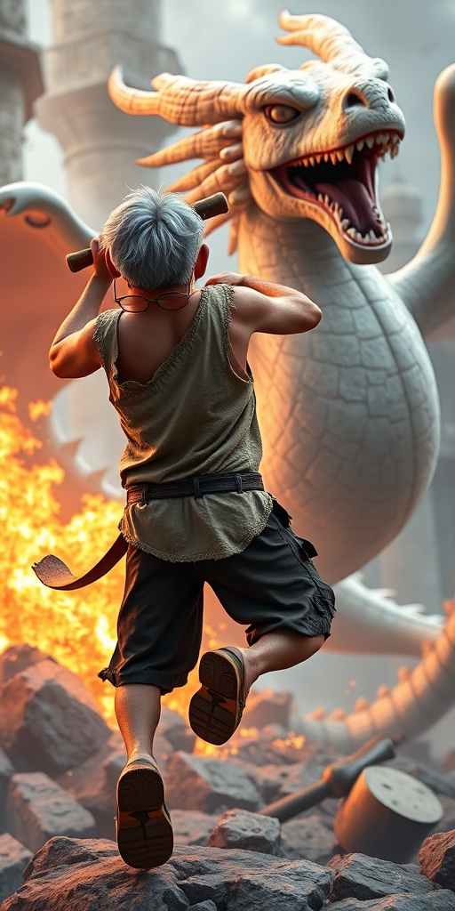 Cartoon 3D High-Resolution,dynamic battle scene using Unreal Engine 5 and Octane Render. The scene features back of an elderly, thai man with a beard,messy hair and round golden-rimmed glasses. He is wearing a tattered tank top with soot marks, shorts, and sandals. sweating. he wields a baseball bat. He jump to fight with a white fire-breathing Europe dragon amidst a partially destroyed stone castle. Include intense flames, smoke, and debris to enhance the dramatic effect.