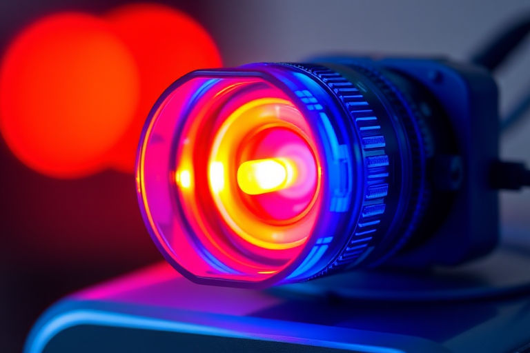 Generate a high-resolution image of a blue emergency light with a glowing effect, captured with a DSLR camera at f/1.8 aperture, ISO 100, and a shutter speed of 1/200s, using a macro lens to emphasize details and a centered composition.