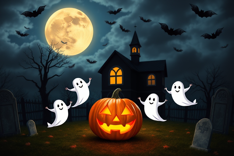 Create a spooky Halloween scene featuring playful ghosts floating around a glowing jack-o-lantern with a haunted house in the background under a full moon and dark, cloudy sky. Include bats flying in the night sky and a graveyard with tombstones scattered around.