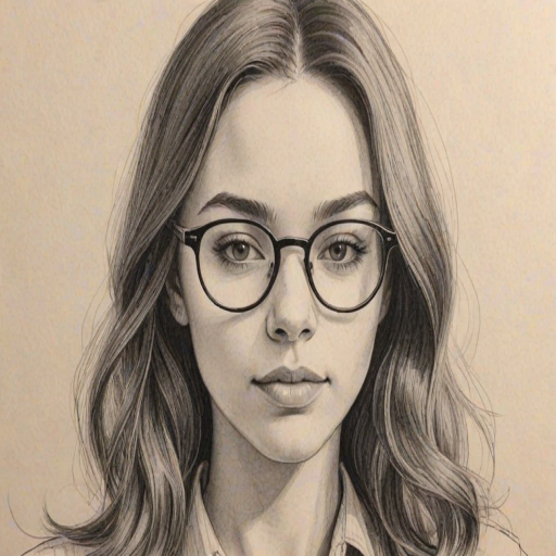 Attractive Sofia Wylie, pencil sketch, portrait of Sublime woman 1969s in glasses, hair style beatnik, outline, clear lines, fine lines, 8k