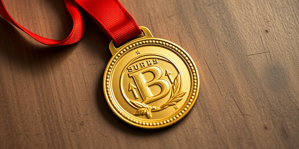 Create an image of a gold medal with a red ribbon, captured with a DSLR camera at 50mm focal length, f/1.8 aperture, ISO 100, shot from a top-down view with soft natural lighting to enhance details and textures.