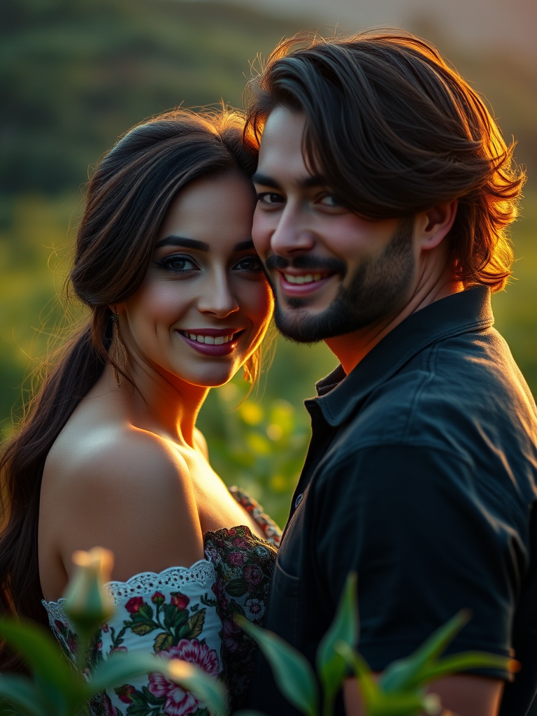 Portrait of a couple in a lush green landscape during golden hour, 50mm lens, f/1.8 aperture, ISO 200, soft focus background, medium shot, natural lighting, DSLR camera.