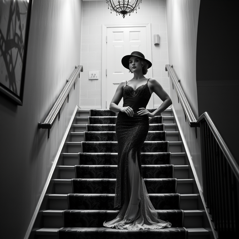 Create a high-resolution black and white image of a 1920s couple posed dramatically on a staircase, use a DSLR camera with a 50mm lens, aperture set to f/2.8 for a shallow depth of field, ISO 100 for low noise, and a slightly underexposed look for enhanced contrast.