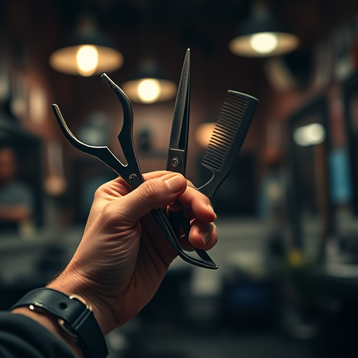 close-up shot of a person's hands holding a pair of scissors and a comb in a dimly lit barbershop, aperture f/2.8, ISO 200, shutter speed 1/60s, DSLR camera, soft focus background, ambient lighting