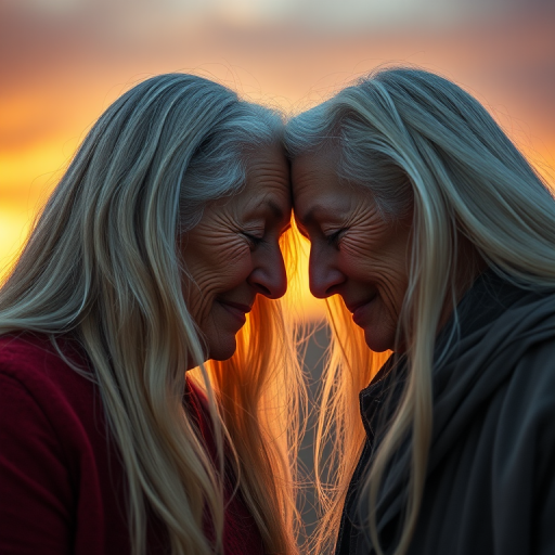 Create a hyper-realistic digital artwork of two elderly women with long white hair touching foreheads in a warm sunset background, use a Canon EOS R5 camera with a 50mm lens, aperture set to f/1.8, shutter speed 1/200 sec, ISO 100, soft lighting for enhanced depth and detail.