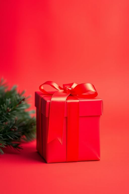 a vibrant red gift box with a glossy satin ribbon on a matching red backdrop, taken with a Canon EOS R5, 50mm f/1.8 lens, aperture set to f/2.8, shutter speed 1/200 sec, ISO 100, with soft diffused lighting for a smooth texture and depth.
