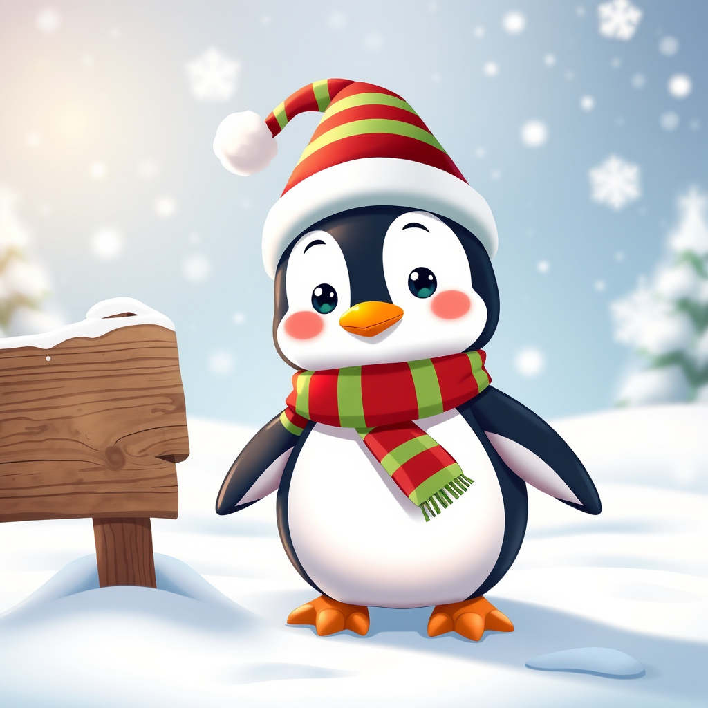 Create a cute cartoon penguin wearing a festive red and green striped hat and scarf, standing in a snowy landscape with falling snowflakes and a wooden sign next to it, captured with a DSLR camera at f/4.0 aperture, 1/250 shutter speed, ISO 200, with a shallow depth of field for background blur, in portrait orientation.