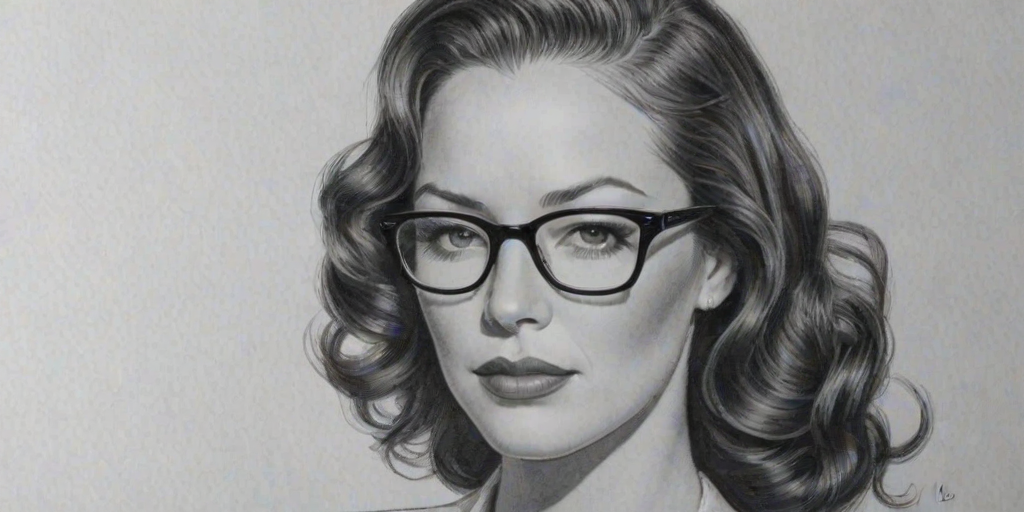 Radiant Lynn Collins, pencil sketch, portrait of Stunning woman 1936s in glasses, hair style beatnik, outline, clear lines, fine lines, 8k