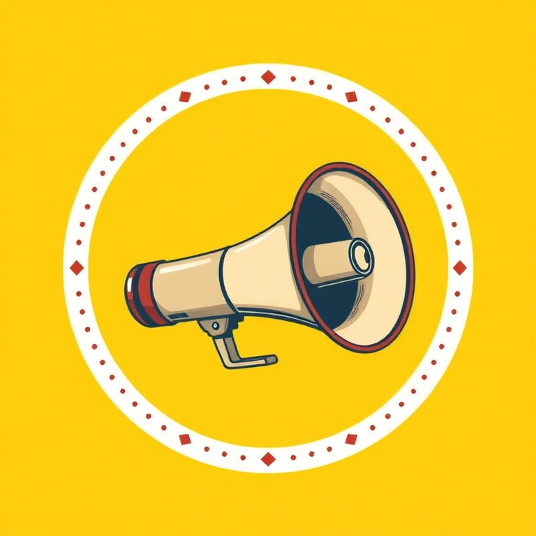Create an illustration of a vintage megaphone in a circular badge design with a yellow background, using a DSLR camera with a 50mm lens at f/2.8, 1/125s exposure, in soft natural light for enhanced quality.