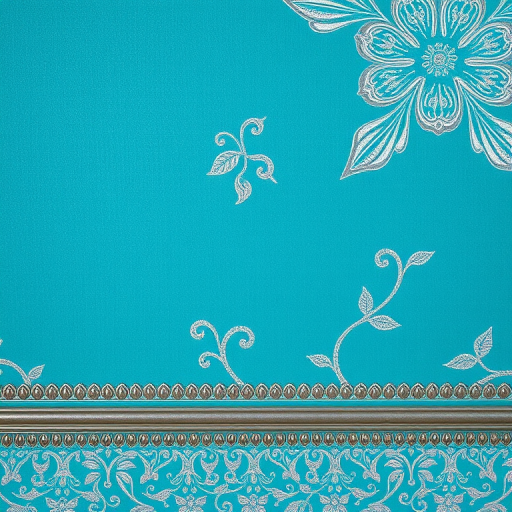 Create a high-resolution image of a textured turquoise floral wallpaper with intricate silver detailing along the border, captured with a Canon EOS R5 at f/8, ISO 100, 1/125s, with a macro lens and soft diffused lighting.
