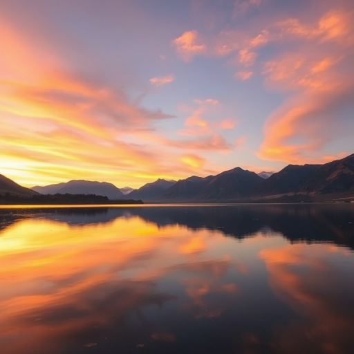 Generate a high-quality image of a serene landscape featuring a calm lake reflecting the sky during sunset, with mountains in the background, captured using a Canon EOS 5D Mark IV at f/8 aperture, ISO 100, 1/125 sec shutter speed, wide-angle lens, and in vibrant colors, with a soft focus effect.