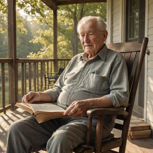Warmly lit image of an elderly man sitting in a rocking chair on a porch, holding a worn book in his hands, soft smile on his face, sunlight filtering through the trees overhead, a gentle breeze rustling the leaves, the sound of birds chirping in the distance.
