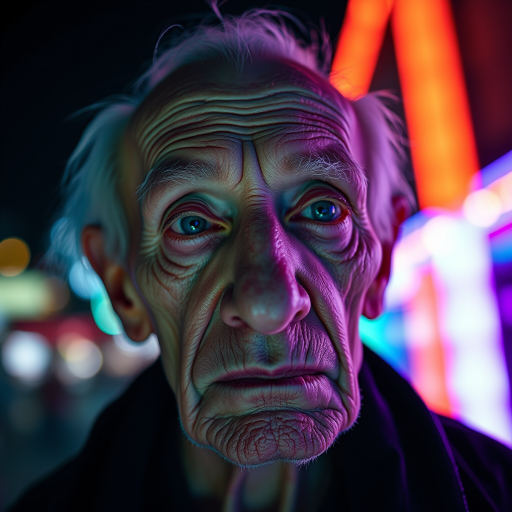 create a close-up perspective view fine art photography contemporary style of an elderly worn albino’s face with a soft, candid expression on a blurred sky black light background.Showcasing a modern style characterized by vibrant blacklight tones, using dramatic lighting and soft gradients to create a fine art atmosphere. The focus is on the light and facial features. motion light blur, neon backlit