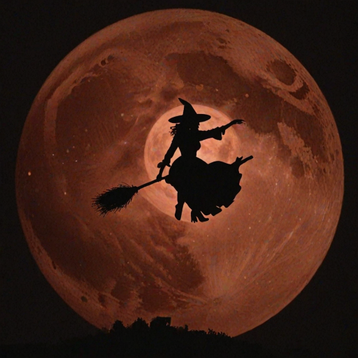 Double exposure, a silouette of a witch on a broomstick centered in the middle of an blood orange full moon.  Any suggestions on getting a good image of a witch on a broomstick centered in the middle of an blood orange full moon.  I tried different generators and changed the wording around.