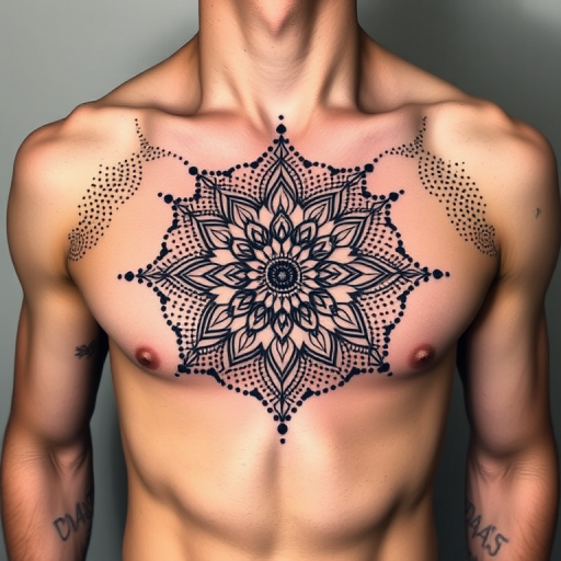 Dotwork mandala tattoo adorning the sternum and upper chest, creating a mesmerizing symmetrical design with thousands of precise black dots