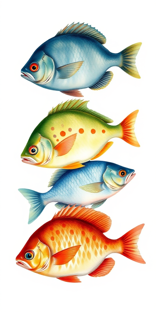 Regenerate an illustration of four fish in a row with varying colors and patterns, use high-resolution settings, ISO 100, f/8 aperture, 50mm lens, capture from a top-down view with a watercolor painting style.