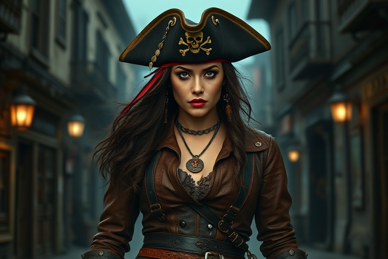 Create a portrait of a fierce female pirate. She wears a leather tricorn hat adorned with a skull and crossbones emblem, and her long, dark hair flows around her face. Her outfit consists of a richly detailed leather jacket, a corset, and multiple layers of belts and accessories, giving her a formidable and stylish appearance. She stands confidently in a dimly lit, historic port town, with a backdrop of weathered buildings and cobblestone streets, capturing the adventurous spirit of a pirate.