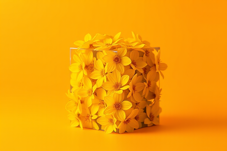 A 3D cube with vibrant yellow flowers on a smooth surface, set against a bright orange background, captured with a DSLR camera at f/2.8 aperture, 50mm lens, 1/125 sec shutter speed, ISO 100, shot from a slightly elevated angle in soft natural light.