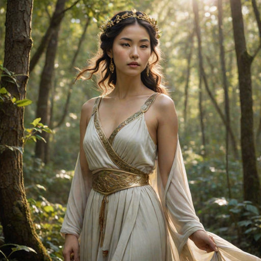 Create a portrait of a goddess-like Tibetan girl figure in a tranquil, forested environment. She has an elegant appearance with long, wavy hair styled in an updo and adorned with a delicate, floral headband. She wears a flowing, ancient Greek-inspired gown in a soft, pale color, featuring a one-shoulder design and draped fabric that accentuates her graceful form. The outfit includes a decorative belt with ornate gold detailing, and she holds a bow in her hand, with a quiver of arrows slung over her shoulder. The background depicts lush greenery, with sunlight filtering through the trees, casting a gentle, ethereal light on the scene. Her expression is calm and contemplative, embodying a sense of wisdom and serenity.