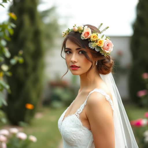 Garden scene, bridal model, delicate lace gown, floral headpiece, soft romantic focus, high-key lighting and an 85mm lens for soft, even tones that highlight the model’s face and bright outfit against a white or light background