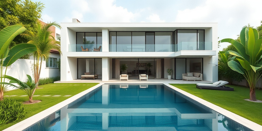 Generate a high-resolution architectural rendering of a modern villa with a pool, featuring lush greenery and artistic watercolor elements in the background, shot with a Canon EOS R5 at f/8, ISO 100, 24mm focal length, from a slight elevation angle to provide depth and detail.