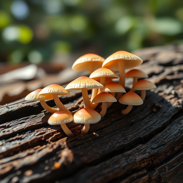 Capture a close-up shot of delicate mushrooms growing on a log in bright natural light, using a DSLR camera with a 50mm lens, aperture set to f/2.8 for shallow depth of field, and ISO 100 for optimal clarity, focusing on the textures of the mushrooms and the wood.