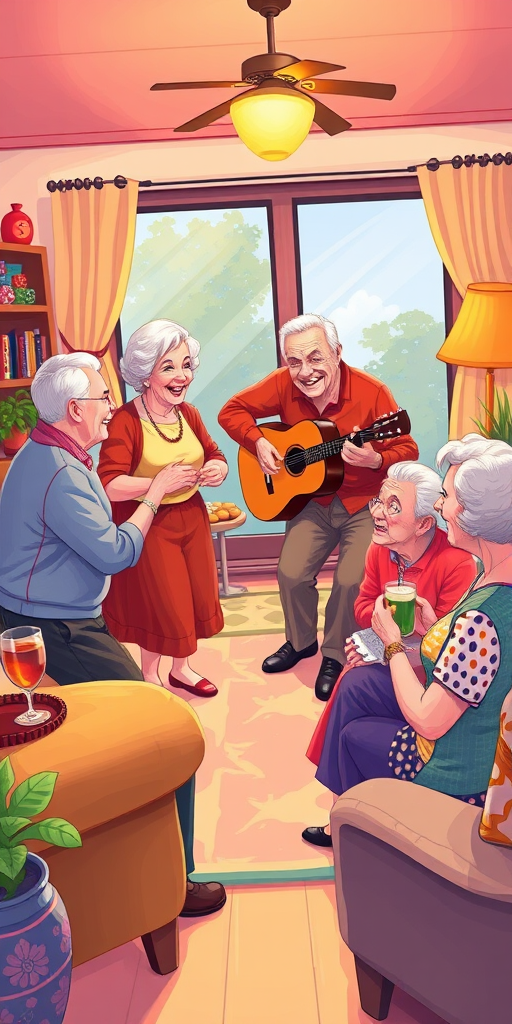 Create a vibrant and playful illustration of an elderly gathering in a cozy living room, featuring two couples dancing joyfully, a man playing guitar, and a woman sitting with a drink, all surrounded by colorful decor; use a digital illustration style with bright colors and detailed backgrounds, similar to a high-resolution 300 DPI format, with a focus on warm lighting and inviting atmosphere.