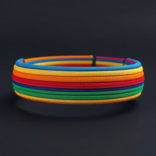 Create a high-resolution 3D render of a colorful striped headband with blue, orange, red, and green bands, using a DSLR camera with an aperture of f/8, ISO 100, and a 50mm lens, shot from a slightly above angle with soft lighting to enhance texture and vibrancy.