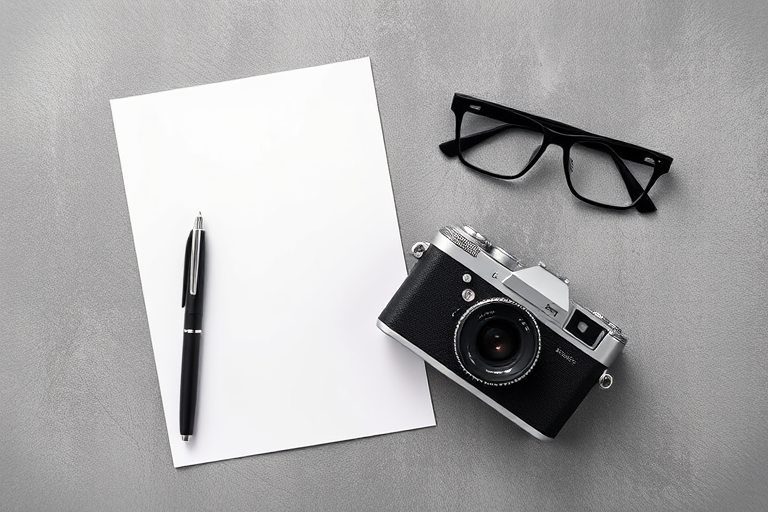 high-quality flat lay image featuring a vintage camera, blank white paper, a sleek pen, and black glasses on a textured gray background, captured with a DSLR camera at 50mm focal length, f/2.8 aperture, ISO 100, with soft natural lighting and focus on the camera detail