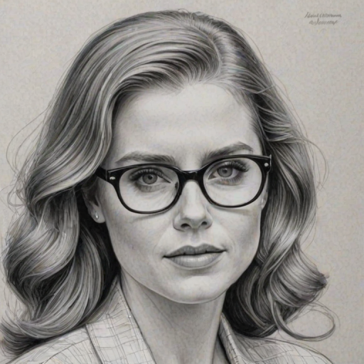 Beauteous Amy Adams, pencil sketch, portrait of Dazzling woman 1959s in glasses, hair style beatnik, outline, clear lines, fine lines, 8k