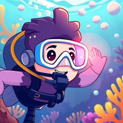 Create a vibrant illustration of a cartoon-style scuba diver underwater, using a Canon EOS 5D Mark IV camera, settings at ISO 100, f/8 aperture, 1/125 shutter speed, wide-angle view, and in a bright, colorful digital art style.