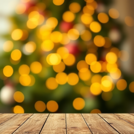 Create a blurred background with soft, glowing bokeh lights in shades of green and gold. Include a wooden table surface in the foreground, showcasing its texture and grain, to give a warm and inviting atmosphere. The overall scene should evoke a sense of tranquility and warmth, suitable for a festive or cozy setting.