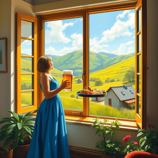 In "A Glass of Beer on the Highland," a serene scene is depicted in a sunlit room where a woman in a vibrant blue dress stands by a large window. She holds a tray with a hearty meal and a frothy glass of beer, embodying a moment of relaxation. Outside, the breathtaking highland landscape features rolling green hills and a charming traditional house, all bathed in warm afternoon light. The interior is adorned with potted plants, creating a harmonious blend of comfort and nature. The painting beautifully captures the tranquility and joy found in simple pleasures amidst stunning scenery