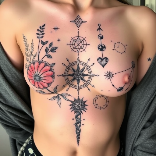 Elegant fine line tattoo named "Whispers of Antiquity" featuring delicate botanical illustrations intertwined with ancient symbols and constellations, creating a harmonious blend of nature and mysticism on the ribcage