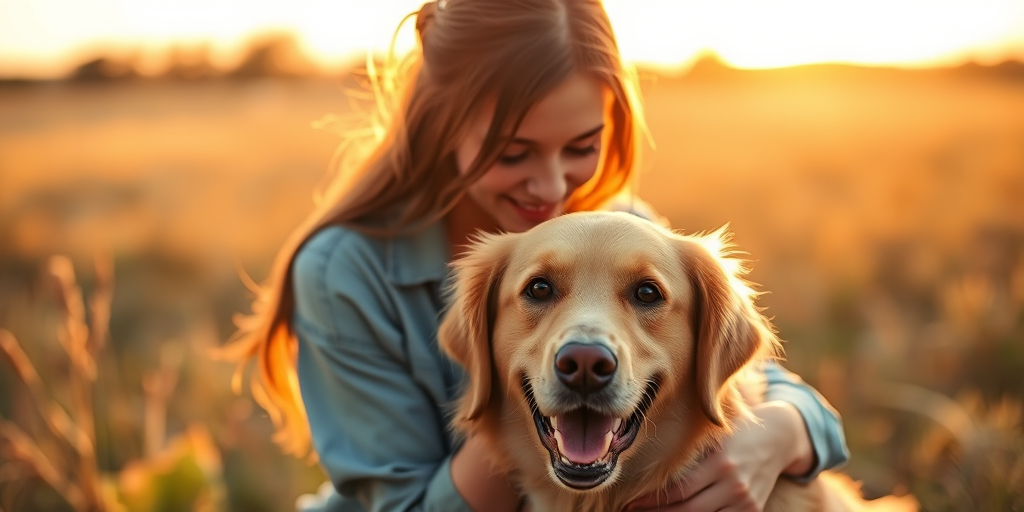 capture a warm intimate moment between a young woman and her golden retriever in a sunlit field during golden hour, using a 50mm lens at f/1.8, ISO 200, shutter speed 1/200s, soft focus, natural light, high resolution DSLR