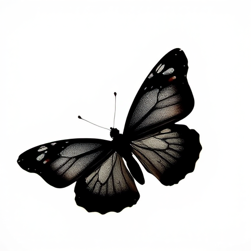 Generate a high-resolution image of a black silhouette of a butterfly on a white background, using a Canon EOS R5 with a 50mm lens, aperture set to f/2.8, ISO 100, and a shallow depth of field for a soft background.
